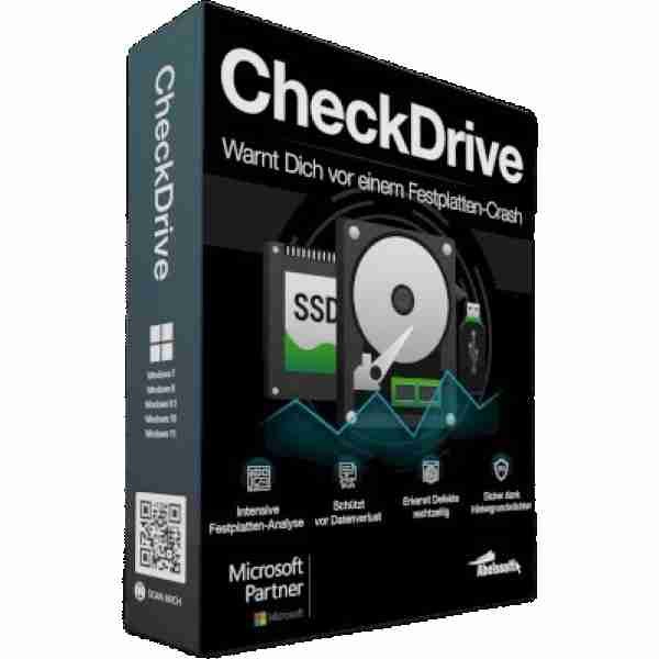 alt=1. Image depicting the Abelssoft CheckDrive software interface, showcasing its features for disk health monitoring and optimization.