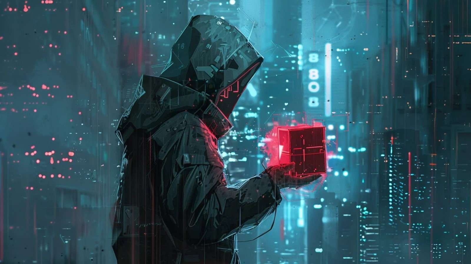 alt=1. A man wearing a hoodie is holding a red box, standing against a neutral background.