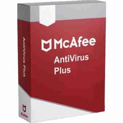 alt=1. McAfee Antivirus Plus for 1 PC, valid for 1 year, showcasing software packaging and features for enhanced digital security.