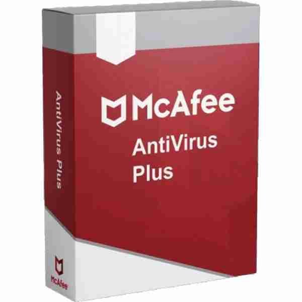 alt=1. McAfee Antivirus Plus for 1 PC, valid for 1 year, showcasing software packaging and features for enhanced digital security.
