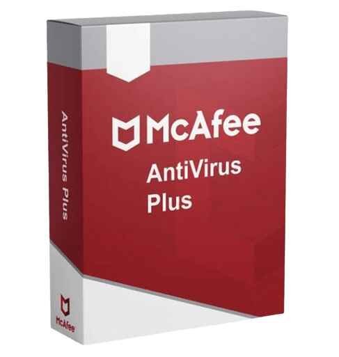 alt=1. McAfee Antivirus Plus for 1 PC, valid for 1 year, showcasing software packaging and features for enhanced digital security.