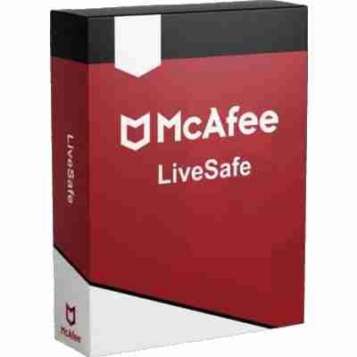 alt=1. McAfee Live Safe box displayed prominently, showcasing its sleek design and security features for digital protection.