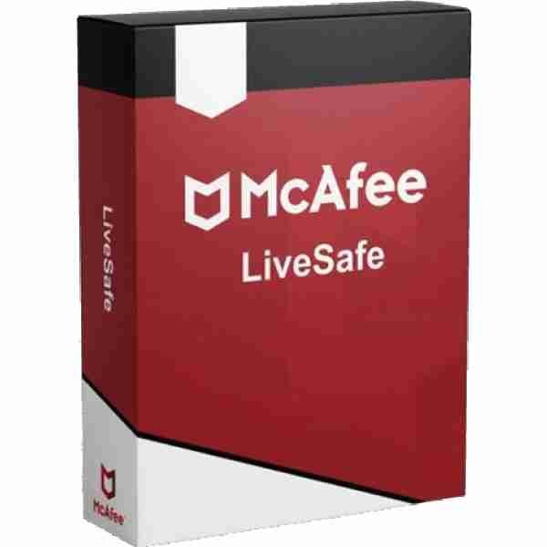 alt=1. McAfee Live Safe box displayed prominently, showcasing its sleek design and security features for digital protection.