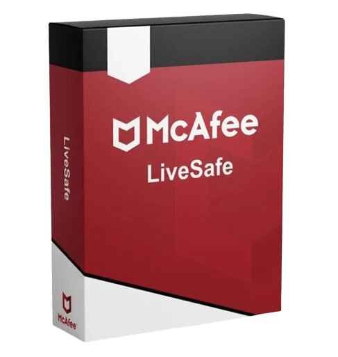 alt=1. McAfee Live Safe box displayed prominently, showcasing its sleek design and security features for digital protection.