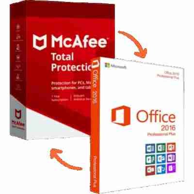 alt=1. McAfee Total Protection 2016 and Microsoft Office 2016 software boxes displayed together on a clean, white background.