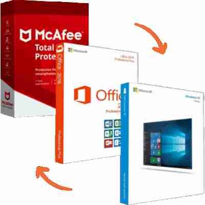 alt=1. Image showcasing McAfee Total Protection, Office 365, and Windows 10 software icons on a digital background.