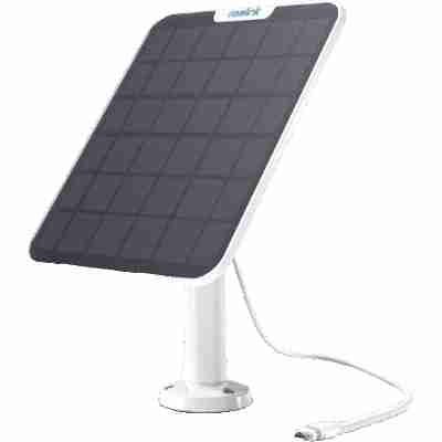 alt=1. A Reolink solar panel with a cord connected, showcasing its design and functionality for renewable energy use.