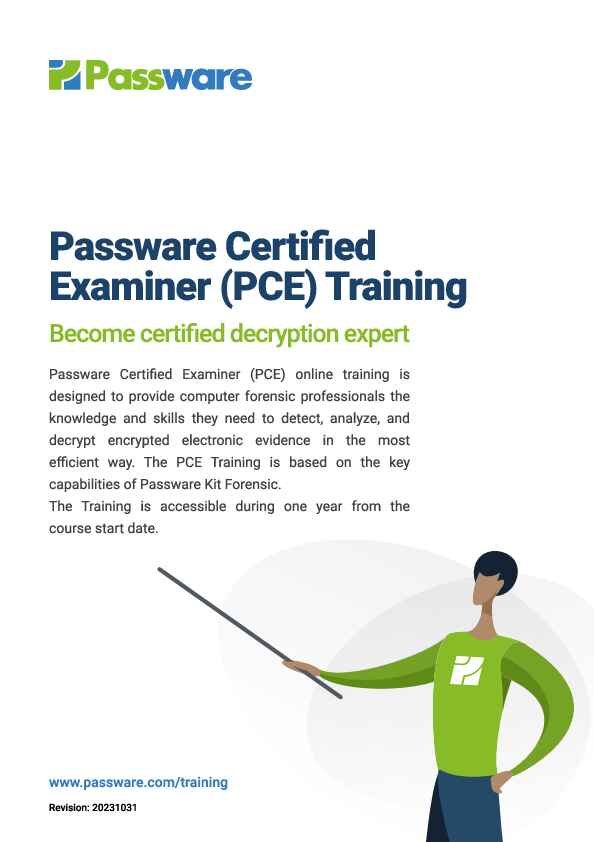 alt=1. Image of Passware's certified PCE training program, showcasing professional development in data recovery and analysis techniques.