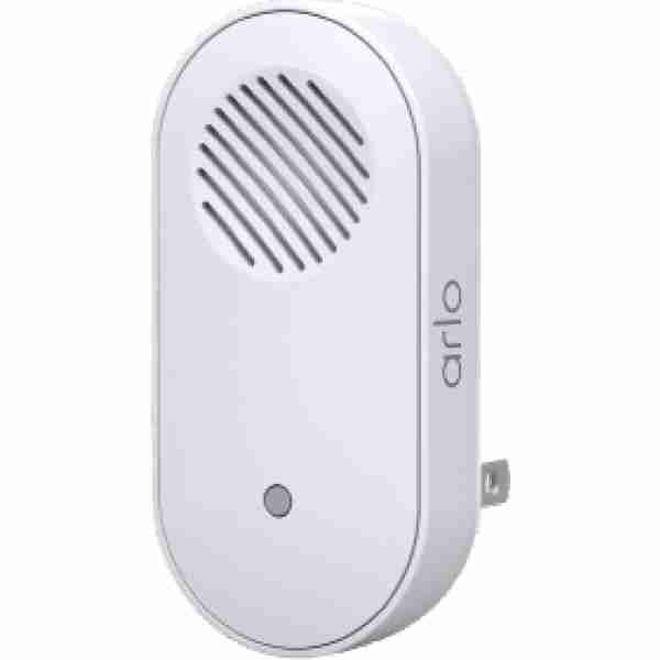 alt=1. A white wireless speaker featuring a microphone, designed for use with the Arlo chime system.
