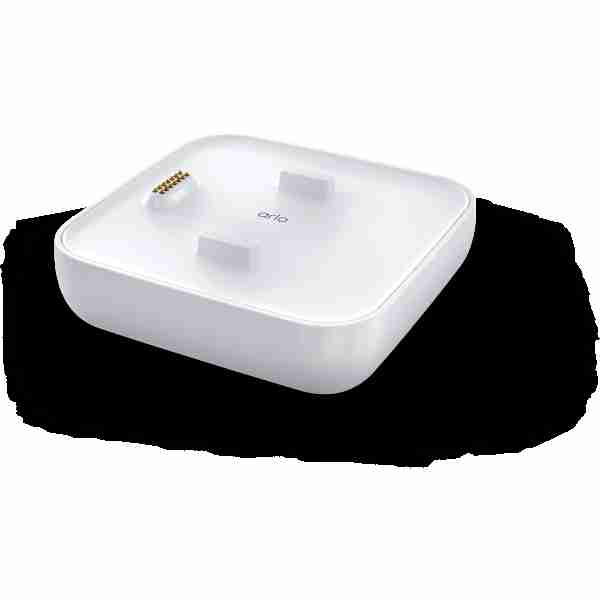 alt=1. White square device with USB port, part of Arlo Cellular & Battery Backup for home security system.