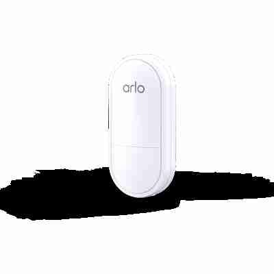 alt=1. A white Arlo all-in-one sensor device featuring the word "Arlo" prominently displayed on its surface.