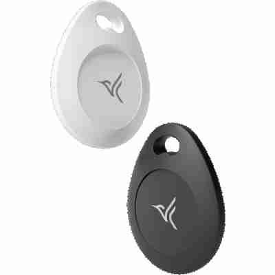 alt=1. Two black and white smart tags displayed on a sleek black background, featuring the Arlo key fob design.