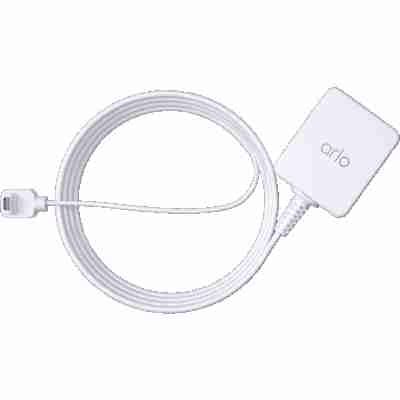 alt=A white USB cable connected to an Arlo essential outdoor charger, showcasing a seamless power connection for devices.