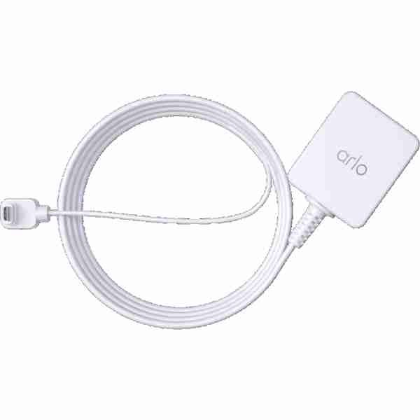 alt=A white USB cable connected to an Arlo essential outdoor charger, showcasing a seamless power connection for devices.