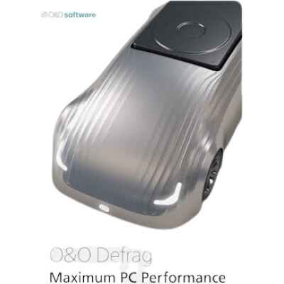 alt=Sleek silver futuristic car on O&O Defrag software cover, symbolizing enhanced PC performance and optimization.