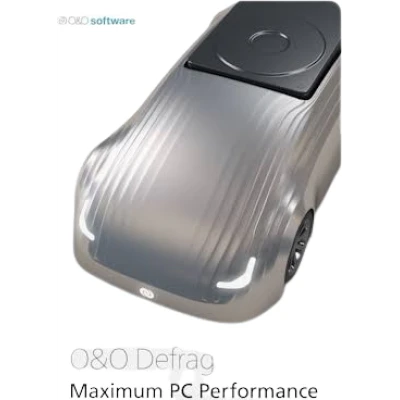 alt=Sleek silver futuristic car on O&O Defrag software cover, symbolizing enhanced PC performance and optimization.