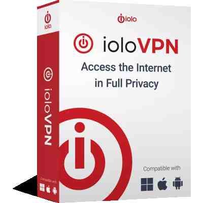 alt=A product box for ioloVPN, featuring a red and white design, promoting internet access with full privacy and compatibility with various devices.