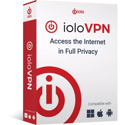 alt=A product box for ioloVPN, featuring a red and white design, promoting internet access with full privacy and compatibility with various devices.