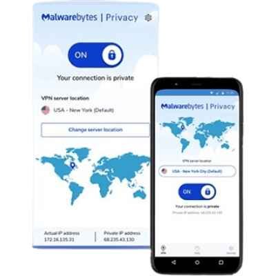 alt= Mobile app interface showcasing Malwarebytes VPN for enhanced mobile security and protection against online threats.