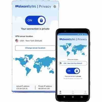 alt= Mobile app interface showcasing Malwarebytes VPN for enhanced mobile security and protection against online threats.