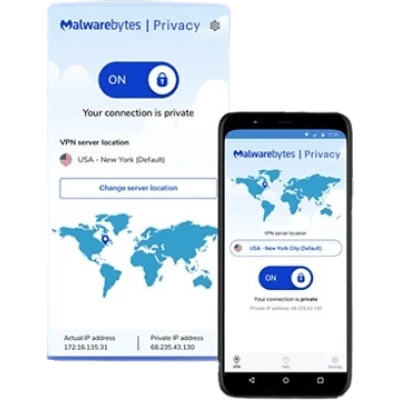 alt= Mobile app interface showcasing Malwarebytes VPN for enhanced mobile security and protection against online threats.