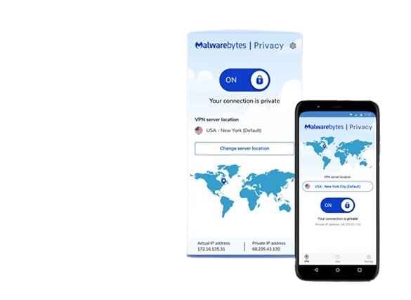alt= Mobile app interface showcasing Malwarebytes VPN for enhanced mobile security and protection against online threats.