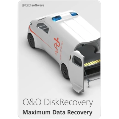 alt=3D illustration of a futuristic white vehicle resembling a USB drive, symbolizing O&O DiskRecovery software for data recovery.