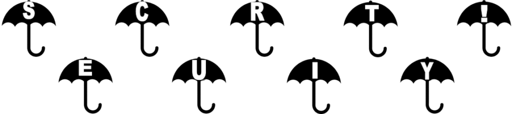 ALT=A black and white image featuring multiple umbrellas alongside the words "script" and "script."