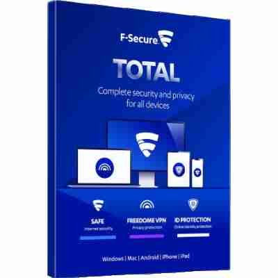 alt=F-Secure Total subscription for one year, providing comprehensive online security and protection for devices.