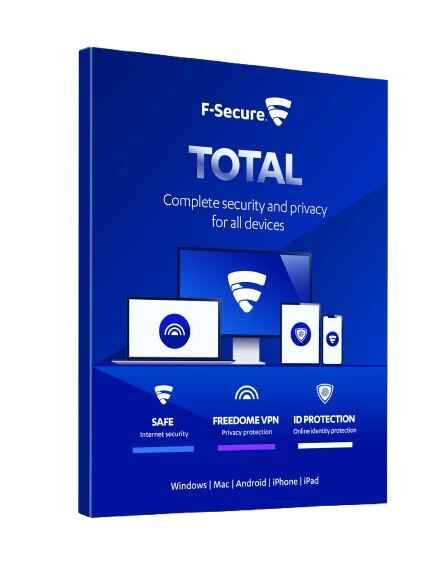 alt=F-Secure Total subscription for one year, providing comprehensive online security and protection for devices.