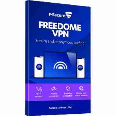 alt=F-Secure Freedom VPN logo featuring a secure connection symbol, representing online privacy and protection.