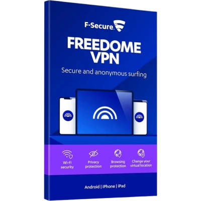 alt=F-Secure Freedom VPN logo featuring a secure connection symbol, representing online privacy and protection.