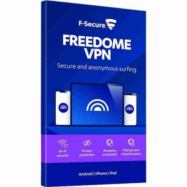 alt=F-Secure Freedom VPN logo featuring a secure connection symbol, representing online privacy and protection.