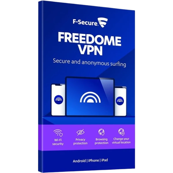alt=F-Secure Freedom VPN logo featuring a secure connection symbol, representing online privacy and protection.