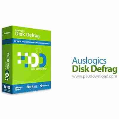 alt=Software box art for Auslogics Disk Defrag with logos and URL "p30download.com".
