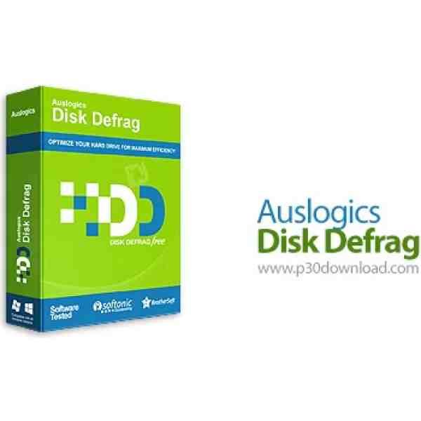 alt=Software box art for Auslogics Disk Defrag with logos and URL "p30download.com".