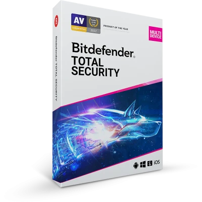 alt=Bitdefender Total Security software package with a futuristic blue spaceship design.