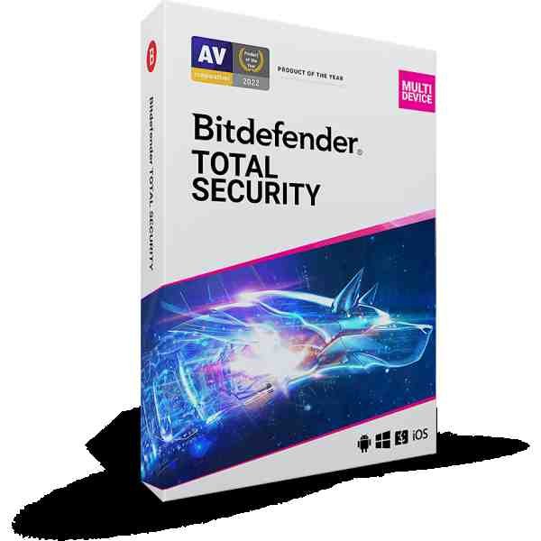 alt=Bitdefender Total Security software package with a futuristic blue spaceship design.
