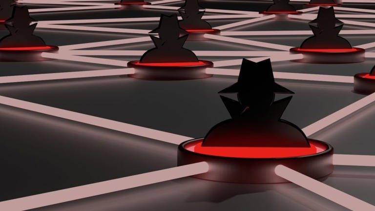 alt=3D render of a stylized black and red checkers board with abstract pieces.