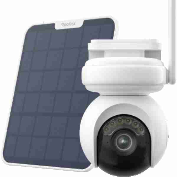 alt=A white security camera with a solar panel attachment on the left side.