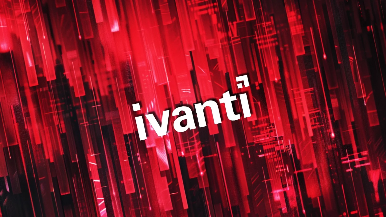 alt=Abstract red digital background with white "ivanti" logo in the center.