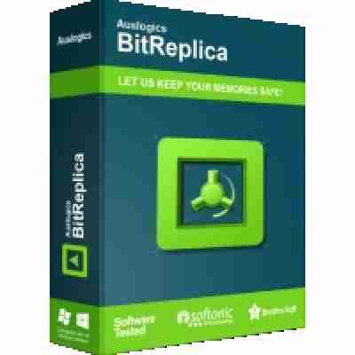 alt=Software box for Auslogics BitReplica with logos and badges indicating awards and quality assurance.