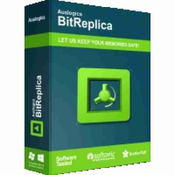 alt=Software box for Auslogics BitReplica with logos and badges indicating awards and quality assurance.