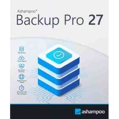 alt=Ashampoo Backup Pro 27 software advertisement showing a stack of blue and white server-like blocks with a checkmark on top.