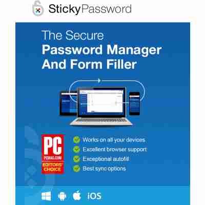 alt=Ad for StickyPassword, a secure password manager and form filler, featuring accolades and device compatibility.