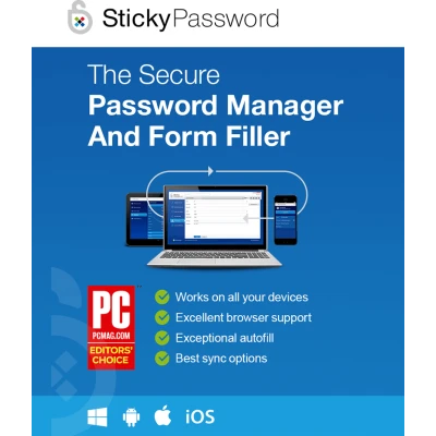 alt=Ad for StickyPassword, a secure password manager and form filler, featuring accolades and device compatibility.