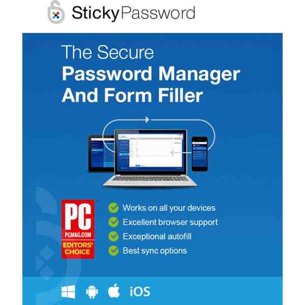 alt=Ad for StickyPassword, a secure password manager and form filler, featuring accolades and device compatibility.