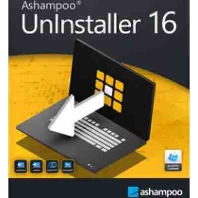 alt=Software box cover for Ashampoo UnInstaller 16 showing a laptop with an arrow pointing to its keyboard.