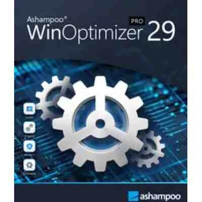alt=Ashampoo WinOptimizer 29 Pro software box featuring two interlocking gears on a digital circuit background.