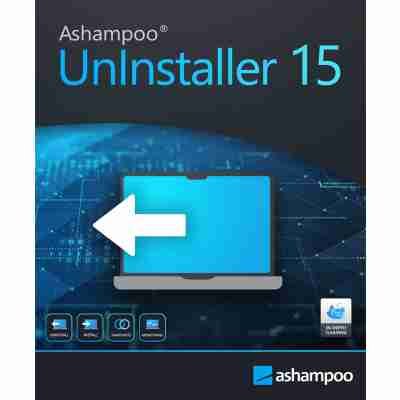 alt=Promotional image for "Ashampoo Uninstaller 15" software featuring a laptop and uninstall arrow.